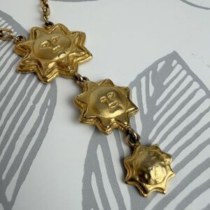 Vintage Sun Face Necklace Gold Tone 3 Tier Long Chain